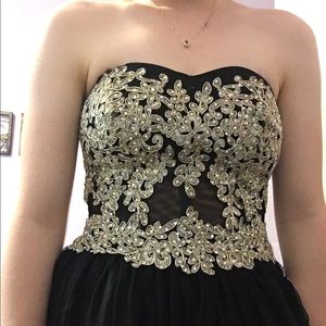 Black and Gold lace up strapless prom dress